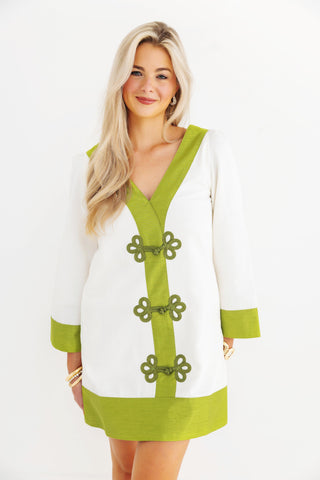 Deep V Mini Kaftan - Ivory & Green