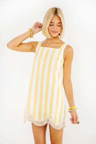 Cheryl Shift Dress - South Florida Sunny Stripe with Scallop & Fringe
