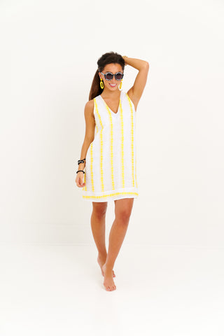 Le V Mod Dress Mini - Yellow & White Embroidery