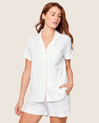 Women's Pima Pajama Short Set in White with Pink Piping