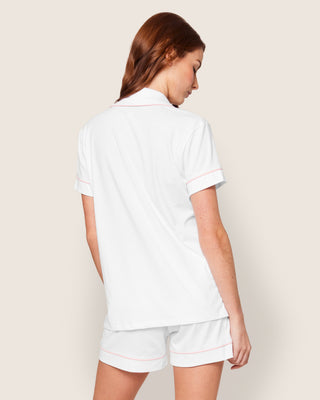 Women's Pima Pajama Short Set in White with Pink Piping