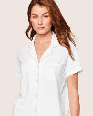 Women's Pima Pajama Short Set in White with Pink Piping