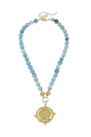 Gold Shell on Aqua Fire Agate Necklace